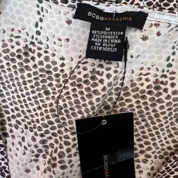 NEW BCBG MAX AZRIA Brown Satin Snake Print V-Neck Elastic Waist Blouse Top M - Picture 6 of 8